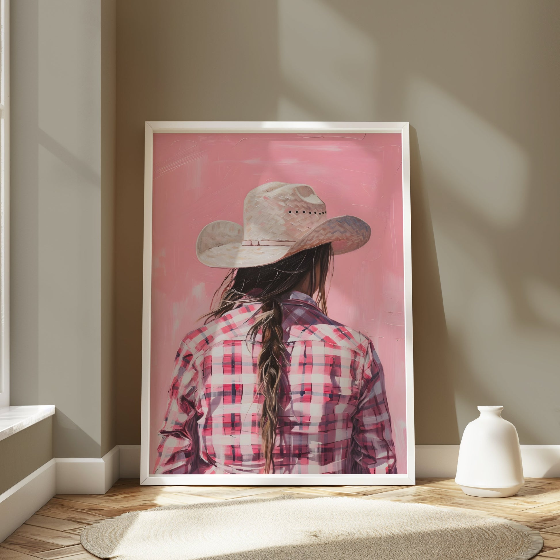 Premium Poster of Backview of a Woman in Plaid Shirt with Cowboy Hat Posters