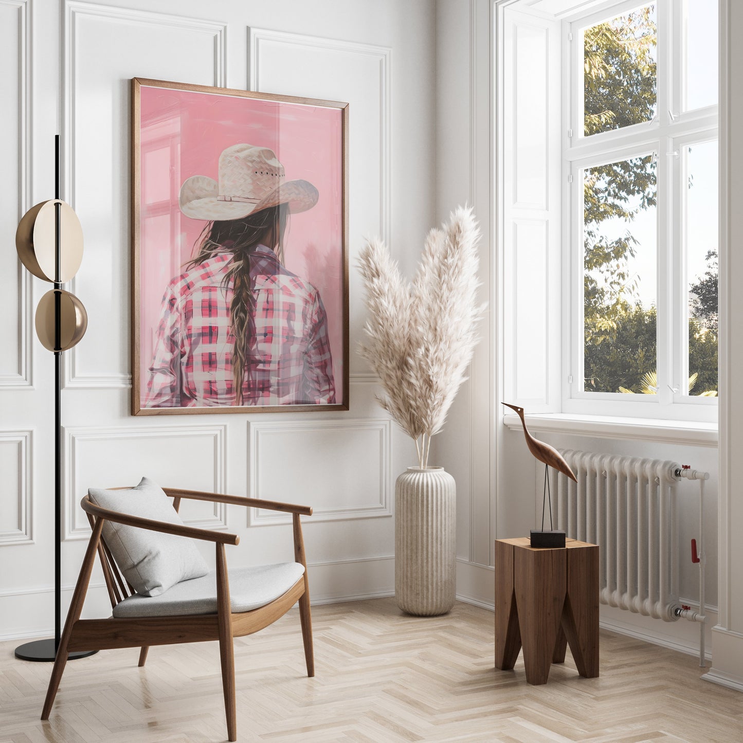 Premium Poster of Backview of a Woman in Plaid Shirt with Cowboy Hat Posters