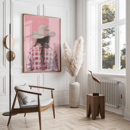 Premium Poster of Backview of a Woman in Plaid Shirt with Cowboy Hat Posters