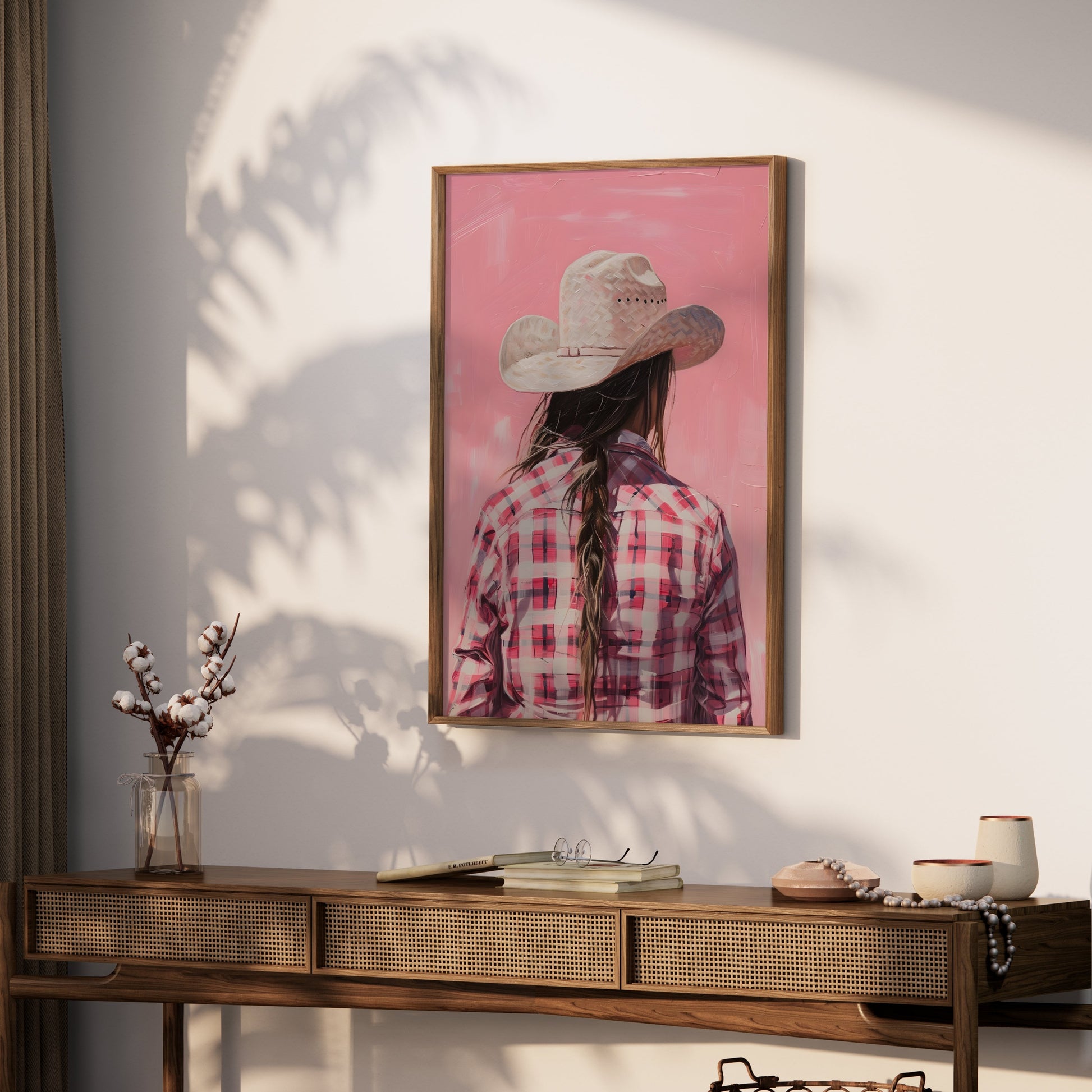 Premium Poster of Backview of a Woman in Plaid Shirt with Cowboy Hat Posters