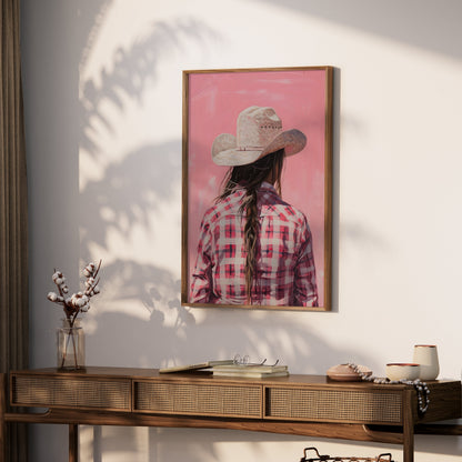 Premium Poster of Backview of a Woman in Plaid Shirt with Cowboy Hat Posters