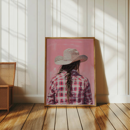 Premium Poster of Backview of a Woman in Plaid Shirt with Cowboy Hat Posters