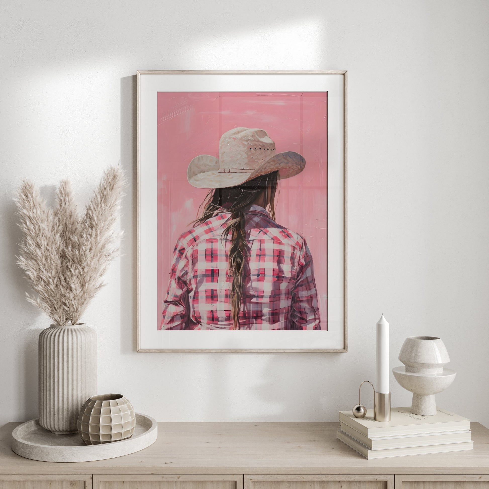 Premium Poster of Backview of a Woman in Plaid Shirt with Cowboy Hat Posters