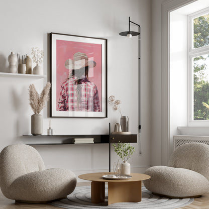 Premium Poster of Backview of a Woman in Plaid Shirt with Cowboy Hat Posters