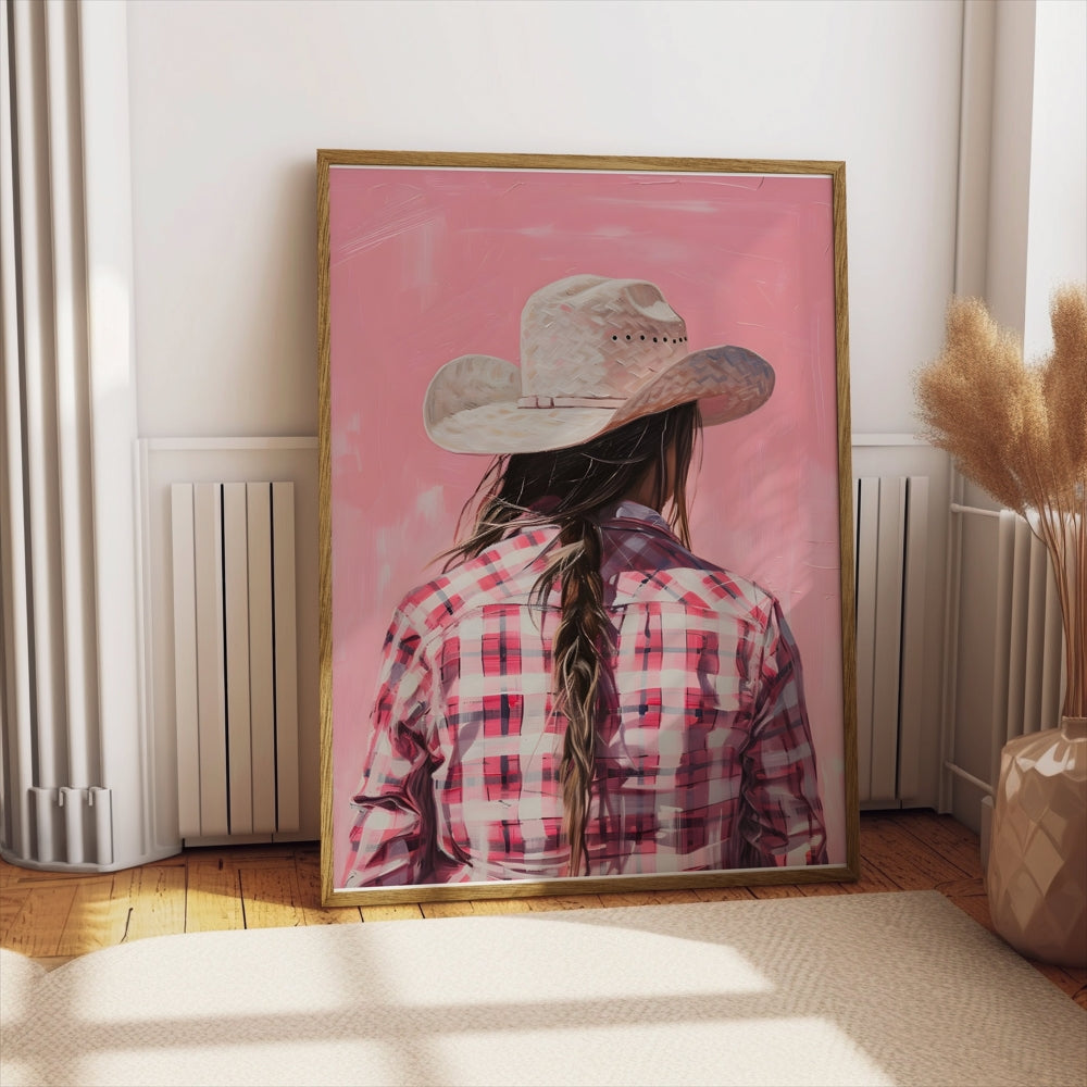 Premium Poster of Backview of a Woman in Plaid Shirt with Cowboy Hat Posters