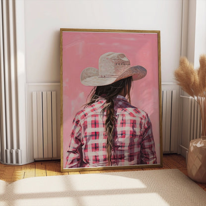Premium Poster of Backview of a Woman in Plaid Shirt with Cowboy Hat Posters