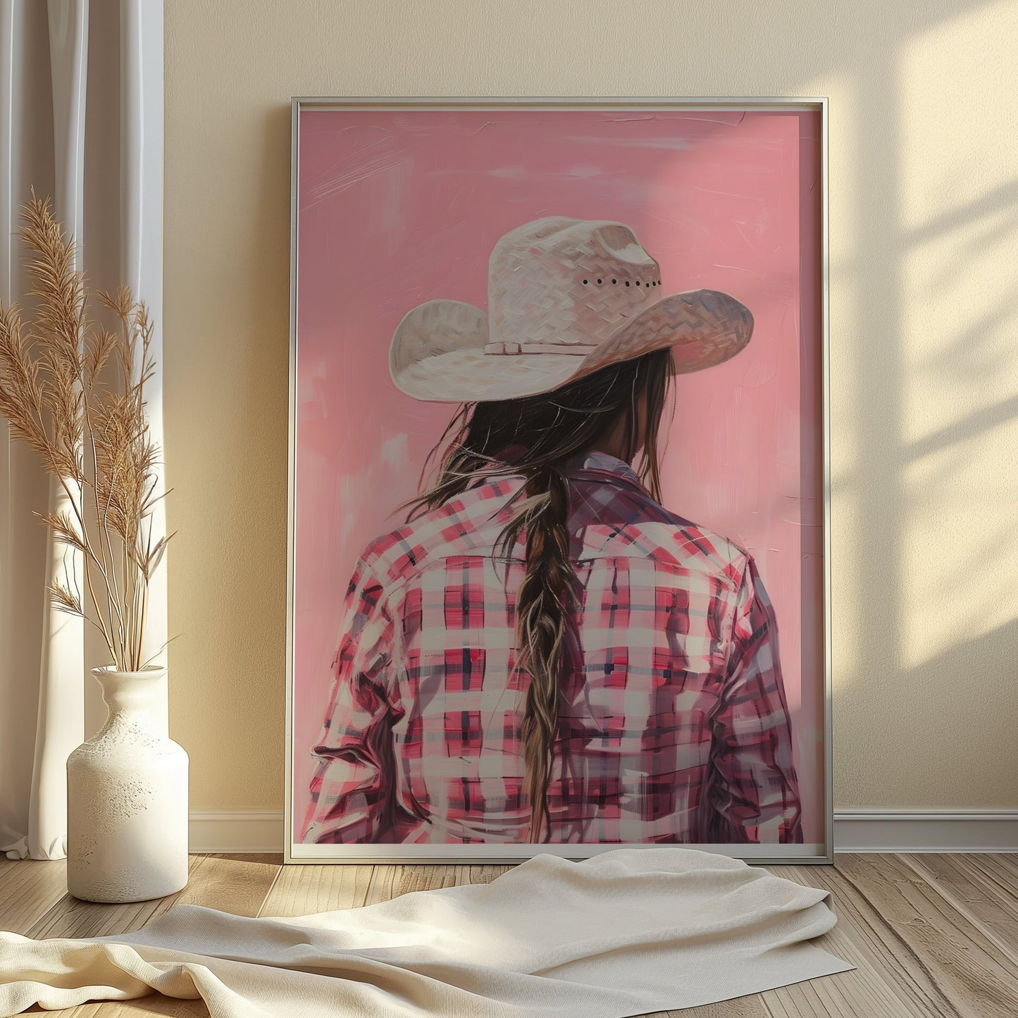 Premium Poster of Backview of a Woman in Plaid Shirt with Cowboy Hat Posters