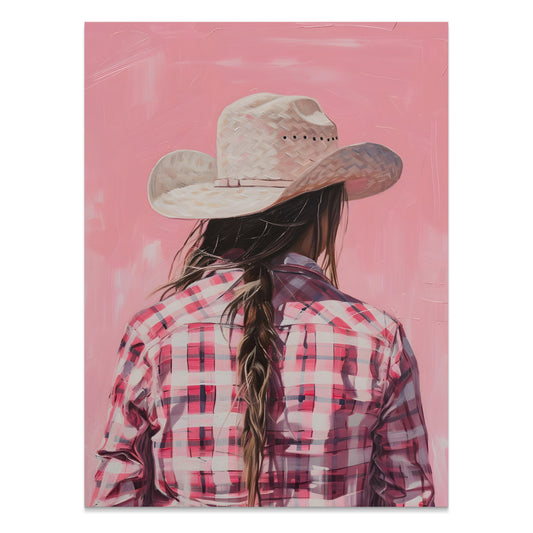 Premium Poster of Backview of a Woman in Plaid Shirt with Cowboy Hat Posters