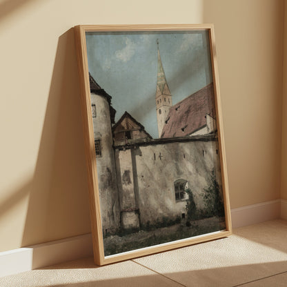 Premium Poster of Bavarian Village Scene Church Tower Art Print Posters