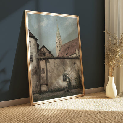 Premium Poster of Bavarian Village Scene Church Tower Art Print Posters