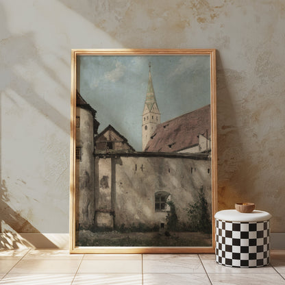 Premium Poster of Bavarian Village Scene Church Tower Art Print Posters