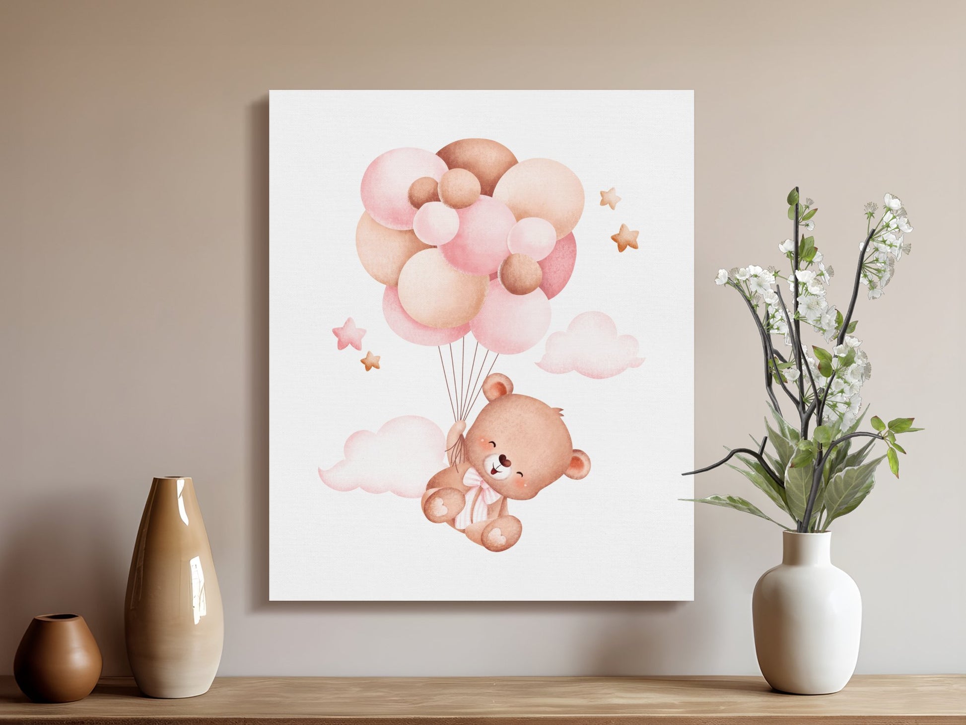 Premium Poster of Bear Holding Balloons Nursery Wall Art Canvas Wraps