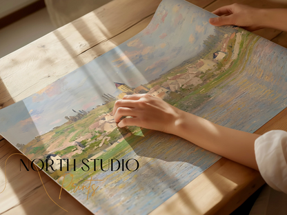 Premium Poster of Beautiful Artistic Townscape With Serene River Posters