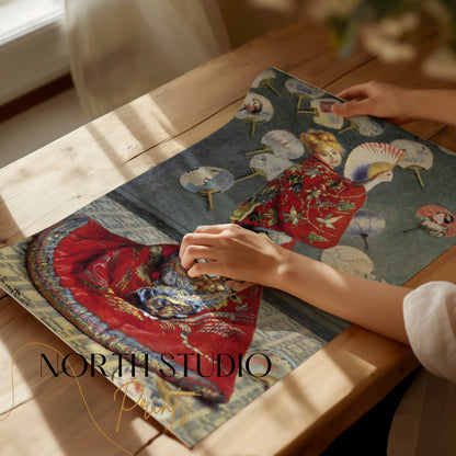 Premium Poster of Beautiful Asian Art Lady with Fans Decorative Posters