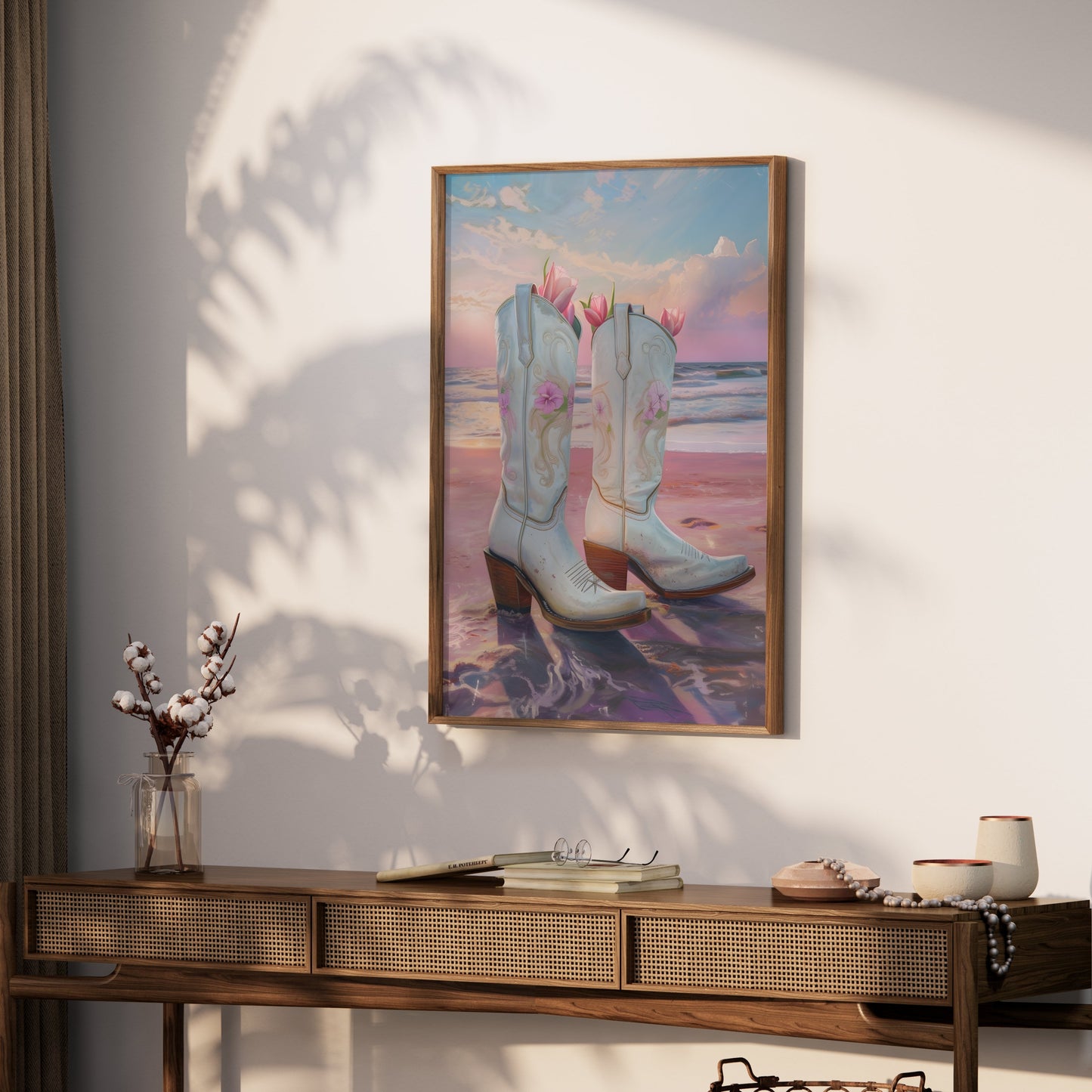 Premium Poster of Beautiful Beach Sunset with Cowboy Boots Posters