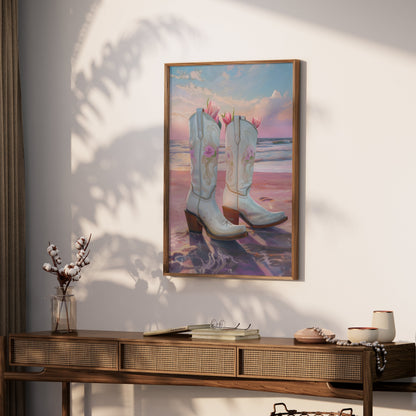 Premium Poster of Beautiful Beach Sunset with Cowboy Boots Posters