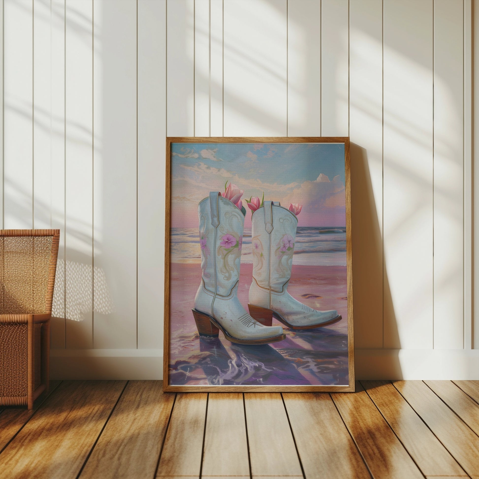Premium Poster of Beautiful Beach Sunset with Cowboy Boots Posters