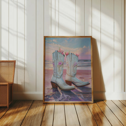 Premium Poster of Beautiful Beach Sunset with Cowboy Boots Posters