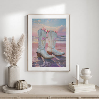Premium Poster of Beautiful Beach Sunset with Cowboy Boots Posters