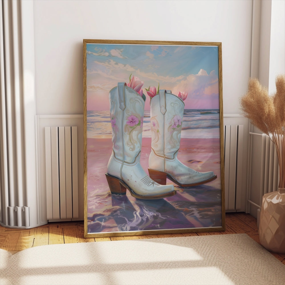 Premium Poster of Beautiful Beach Sunset with Cowboy Boots Posters