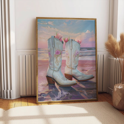 Premium Poster of Beautiful Beach Sunset with Cowboy Boots Posters