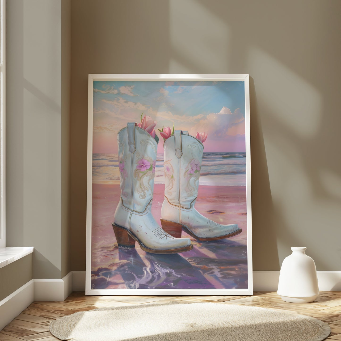 Premium Poster of Beautiful Beach Sunset with Cowboy Boots Posters