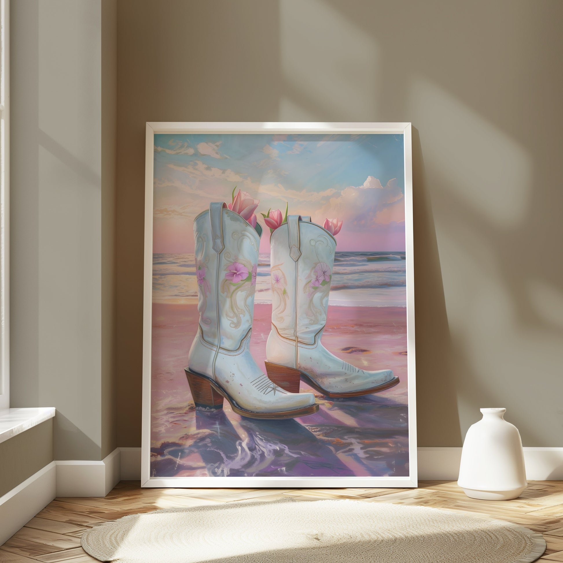 Premium Poster of Beautiful Beach Sunset with Cowboy Boots Posters
