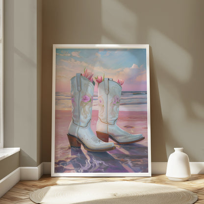 Premium Poster of Beautiful Beach Sunset with Cowboy Boots Posters