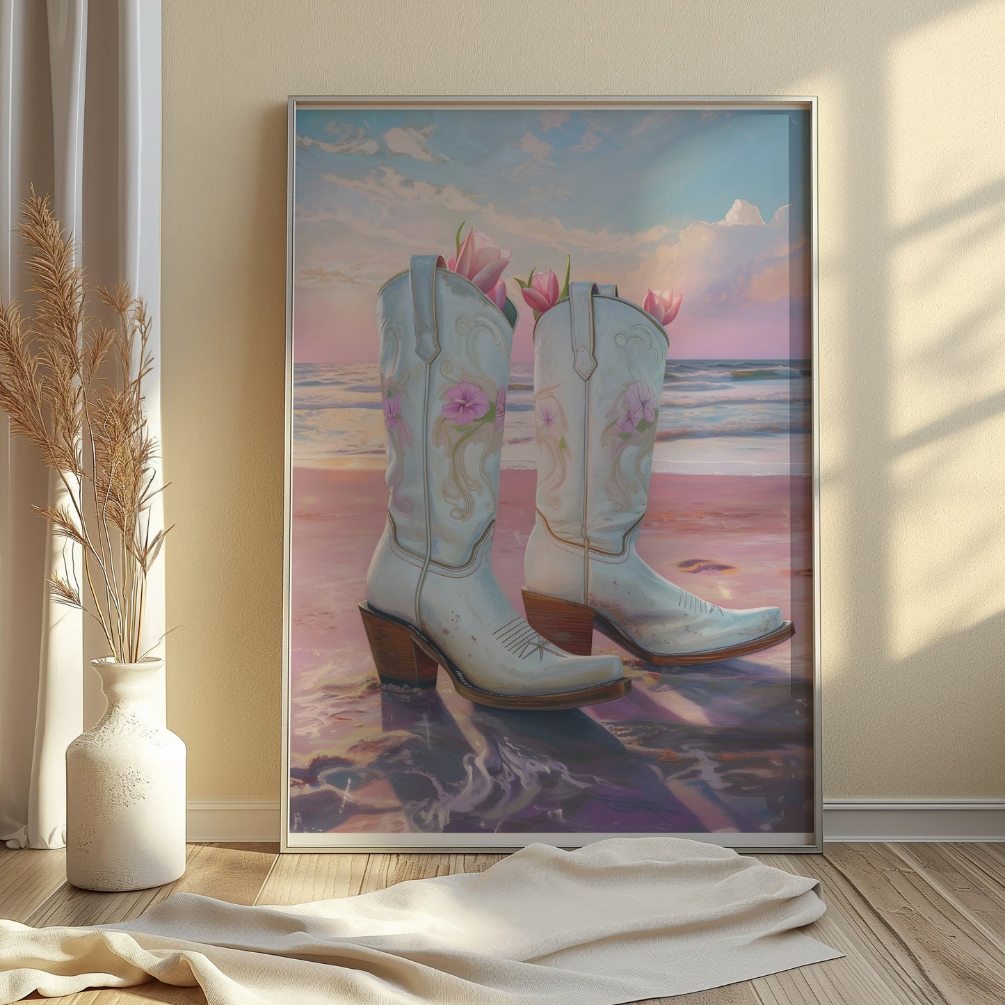 Premium Poster of Beautiful Beach Sunset with Cowboy Boots Posters