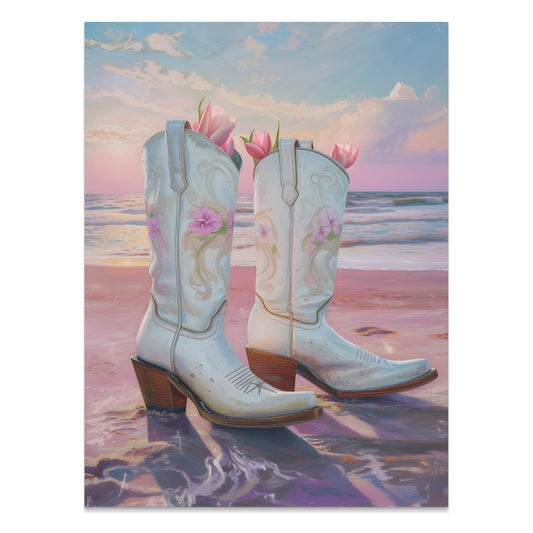 Premium Poster of Beautiful Beach Sunset with Cowboy Boots Posters