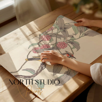 Premium Poster of Beautiful Bird and Berries Japanese Art Style Posters