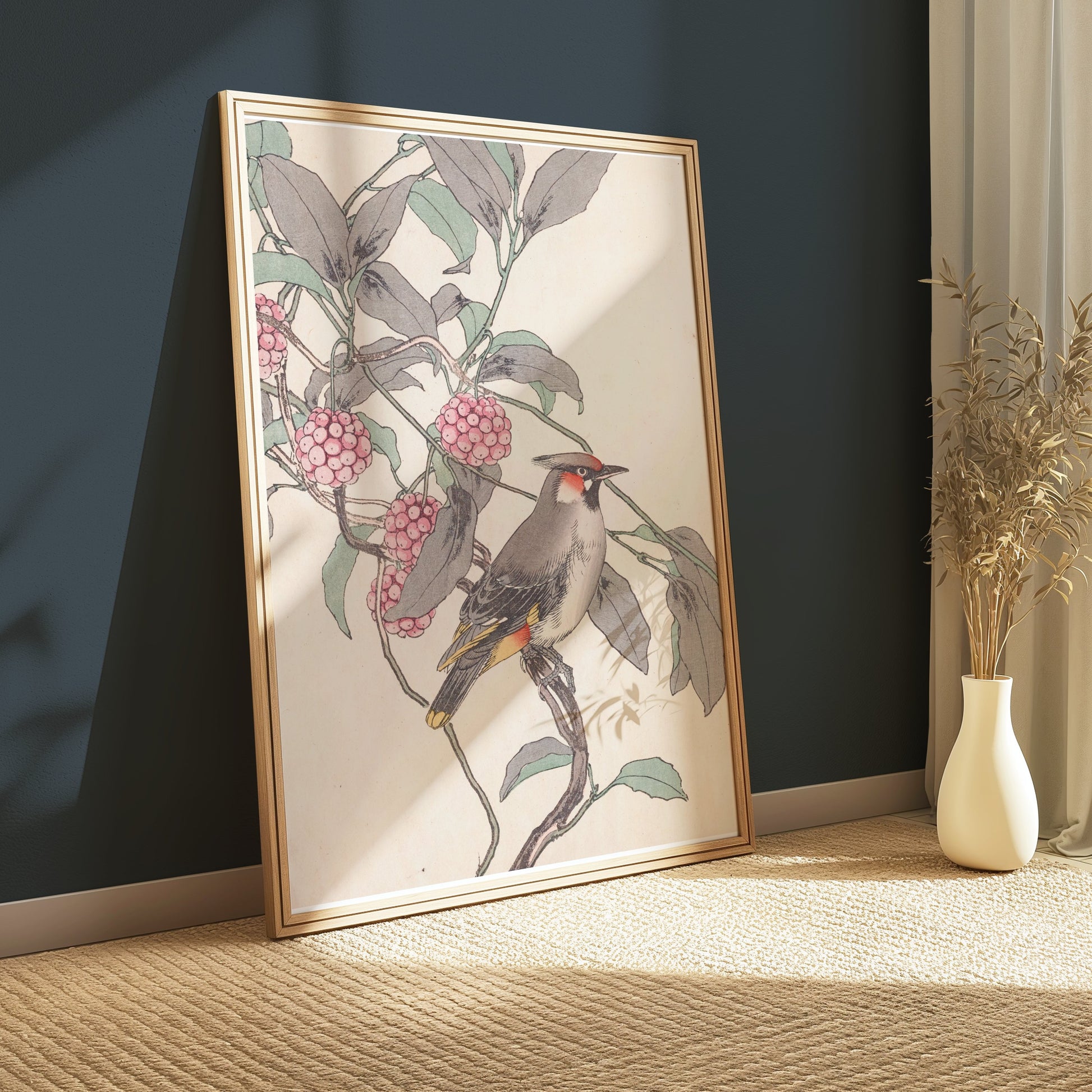 Premium Poster of Beautiful Bird and Berries Japanese Art Style Posters
