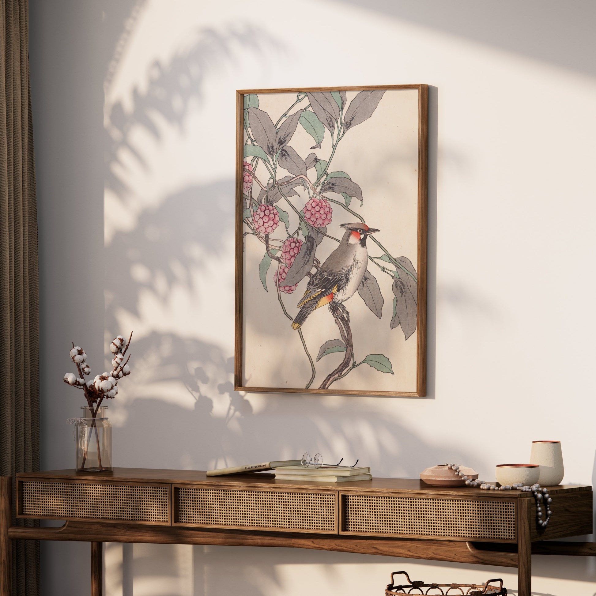 Premium Poster of Beautiful Bird and Berries Japanese Art Style Posters