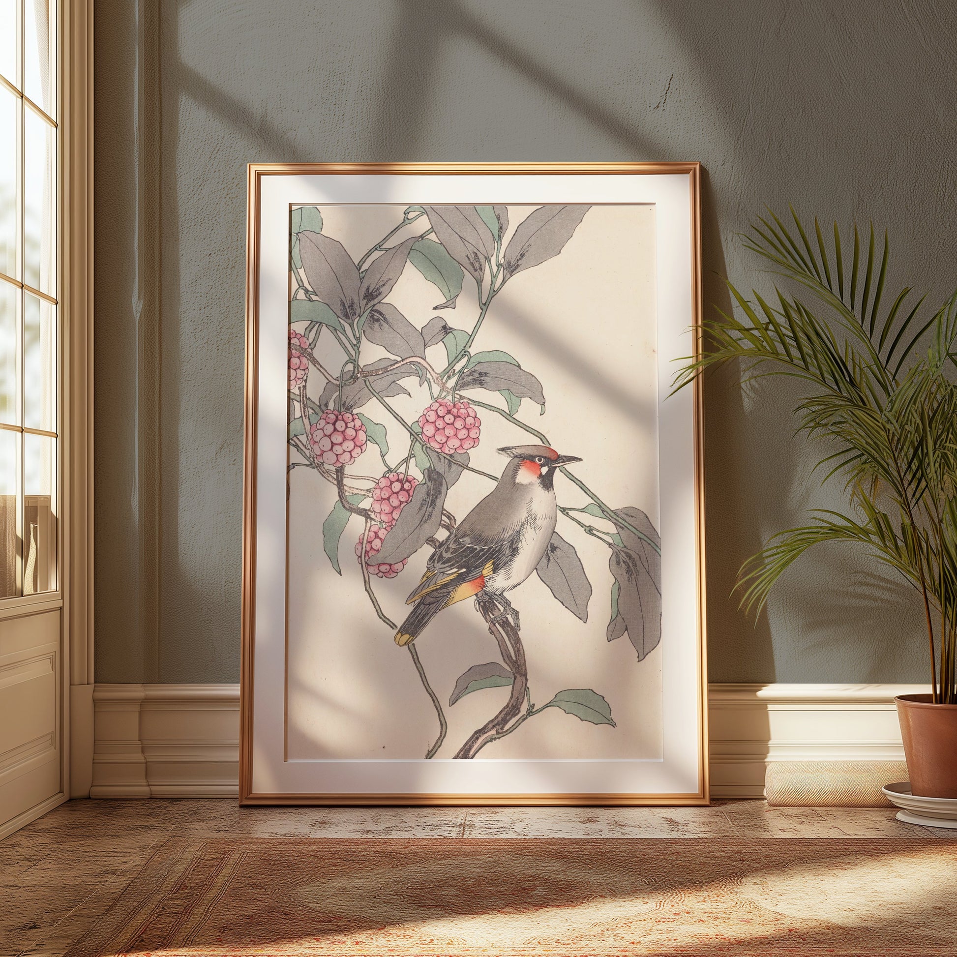 Premium Poster of Beautiful Bird and Berries Japanese Art Style Posters