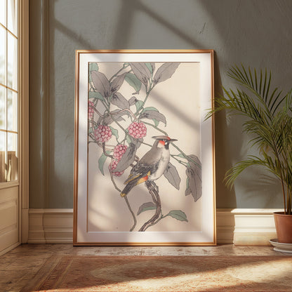 Premium Poster of Beautiful Bird and Berries Japanese Art Style Posters