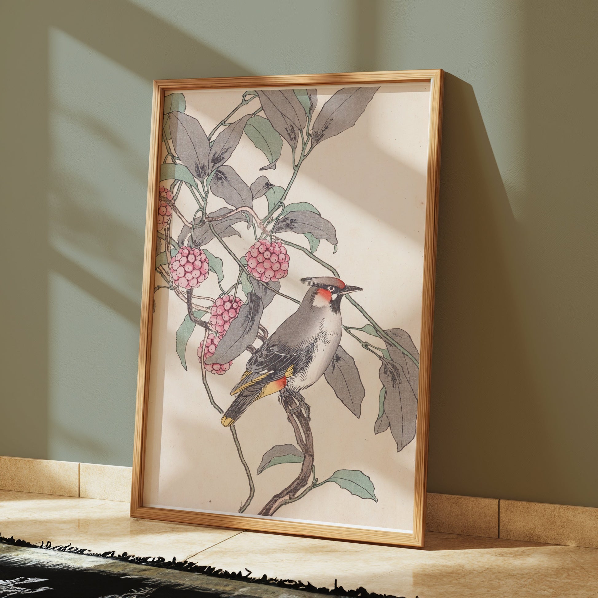 Premium Poster of Beautiful Bird and Berries Japanese Art Style Posters