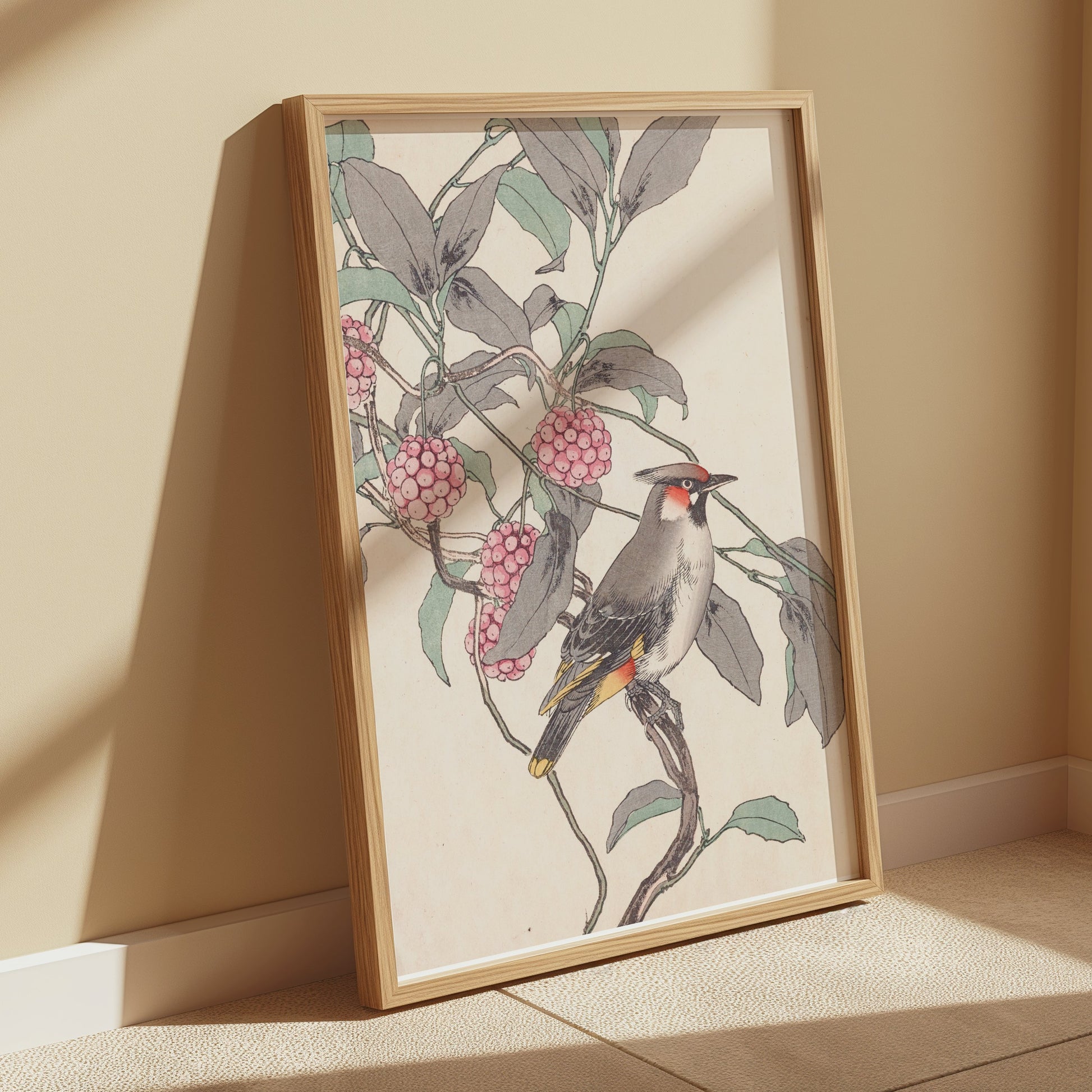 Premium Poster of Beautiful Bird and Berries Japanese Art Style Posters