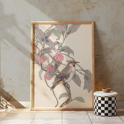 Premium Poster of Beautiful Bird and Berries Japanese Art Style Posters