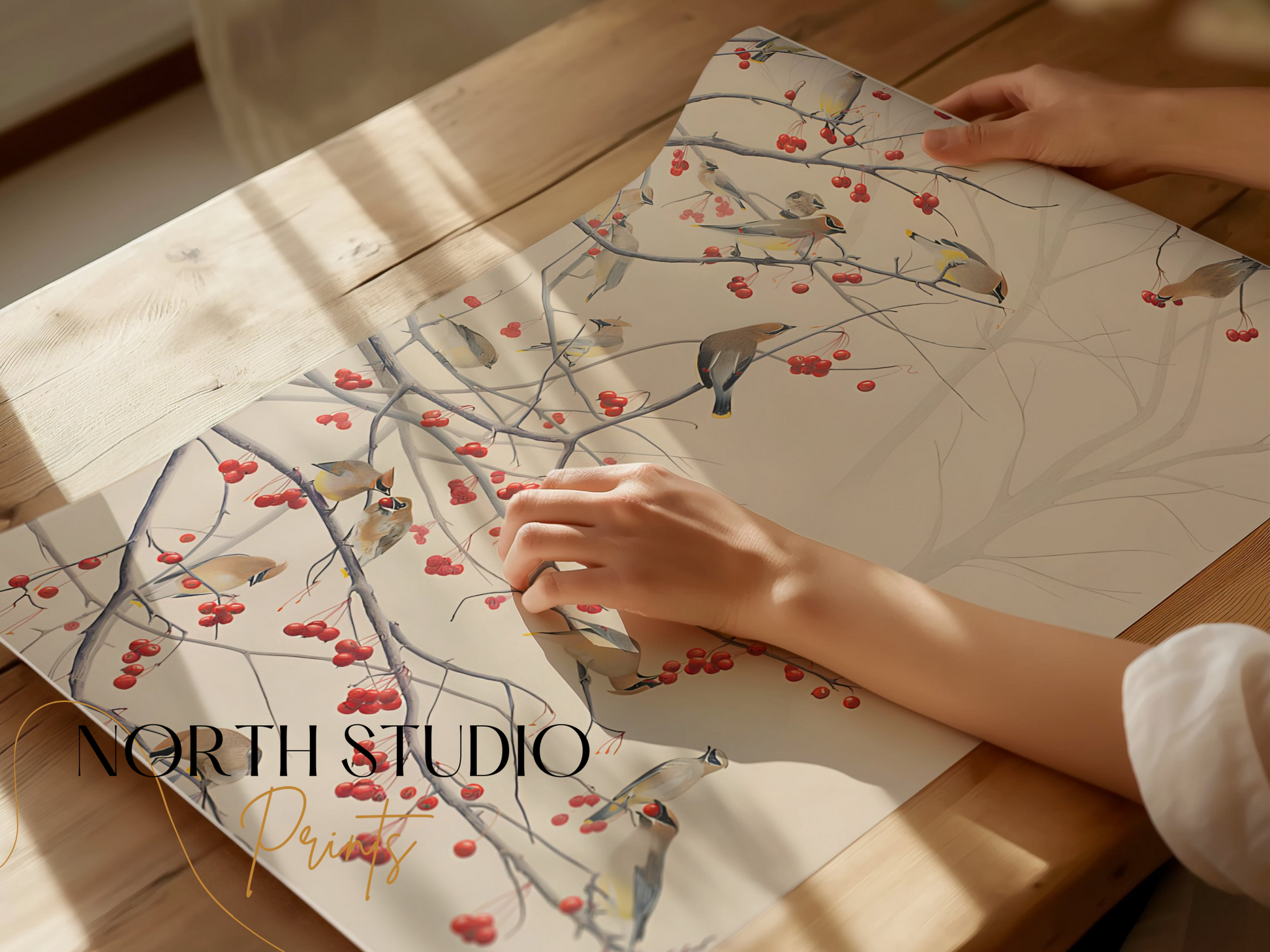 Premium Poster of Beautiful Birds and Red Berries on Tree Branch Posters