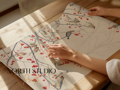 Premium Poster of Beautiful Birds and Red Berries on Tree Branch Posters
