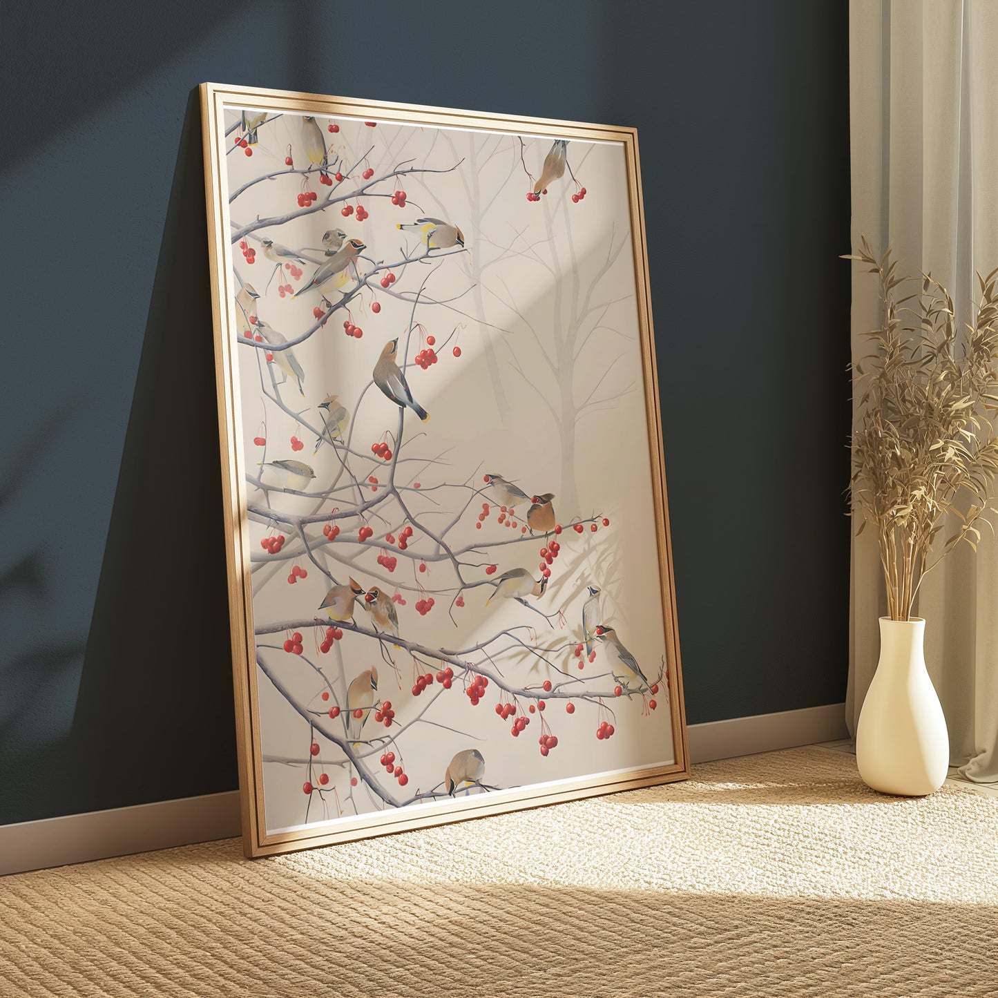 Premium Poster of Beautiful Birds and Red Berries on Tree Branch Posters