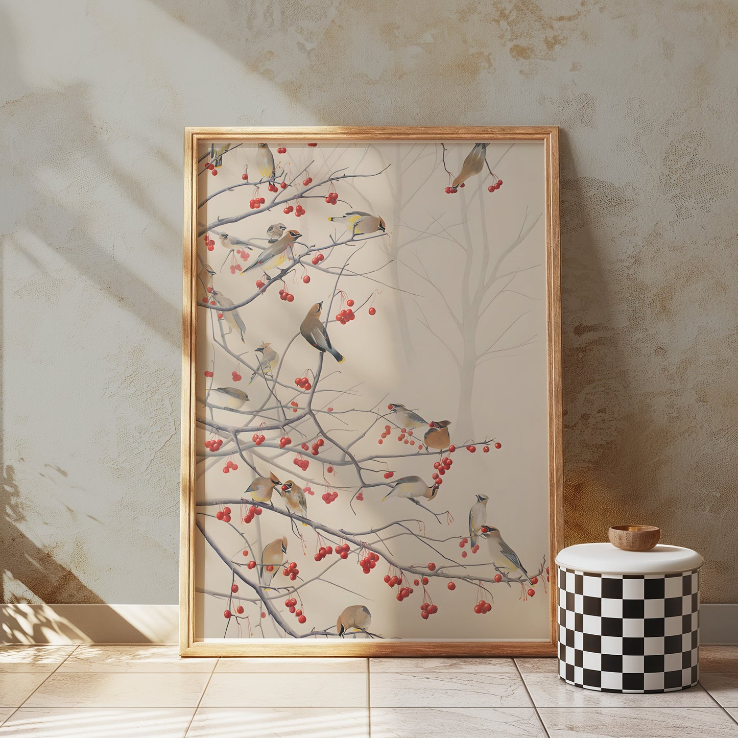 Premium Poster of Beautiful Birds and Red Berries on Tree Branch Posters