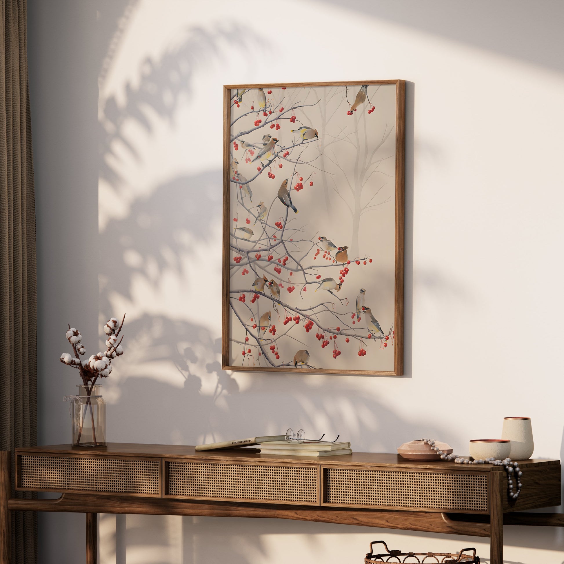 Premium Poster of Beautiful Birds and Red Berries on Tree Branch Posters