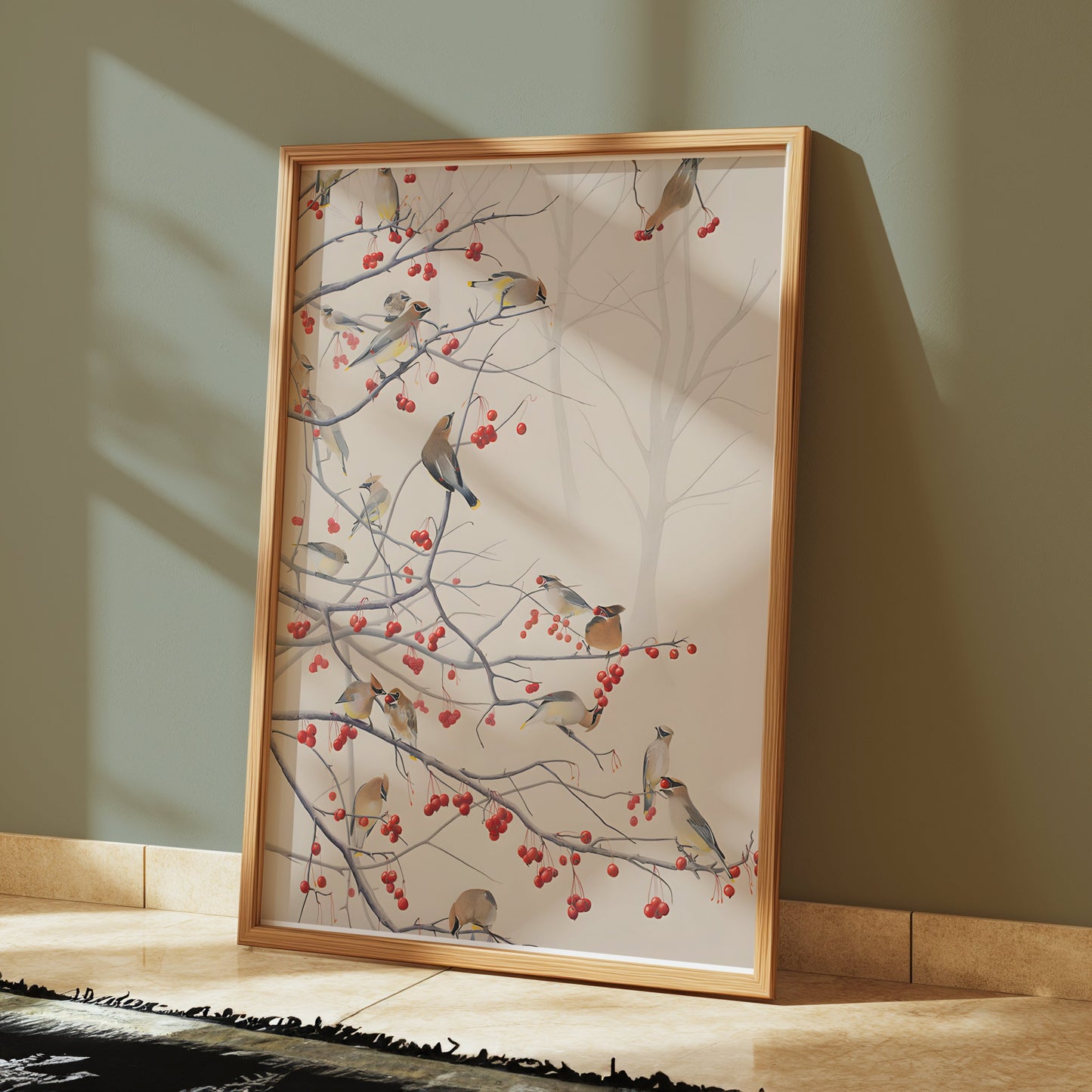 Premium Poster of Beautiful Birds and Red Berries on Tree Branch Posters