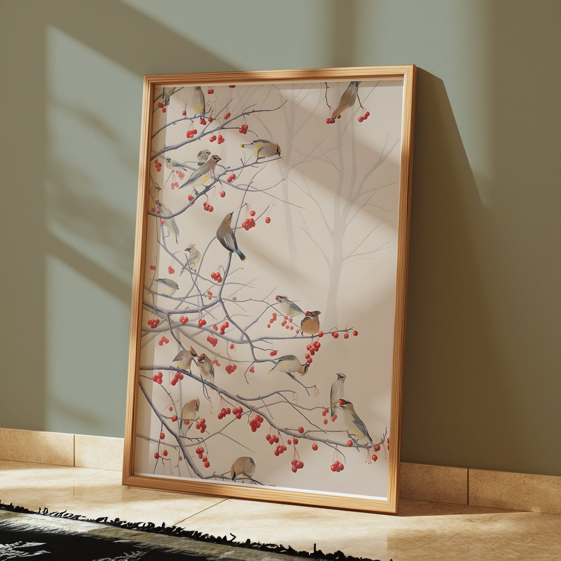Premium Poster of Beautiful Birds and Red Berries on Tree Branch Posters