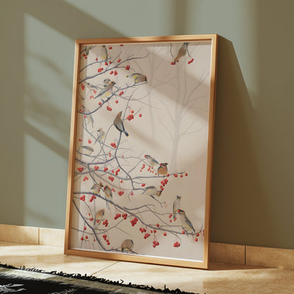 Premium Poster of Beautiful Birds and Red Berries on Tree Branch Posters