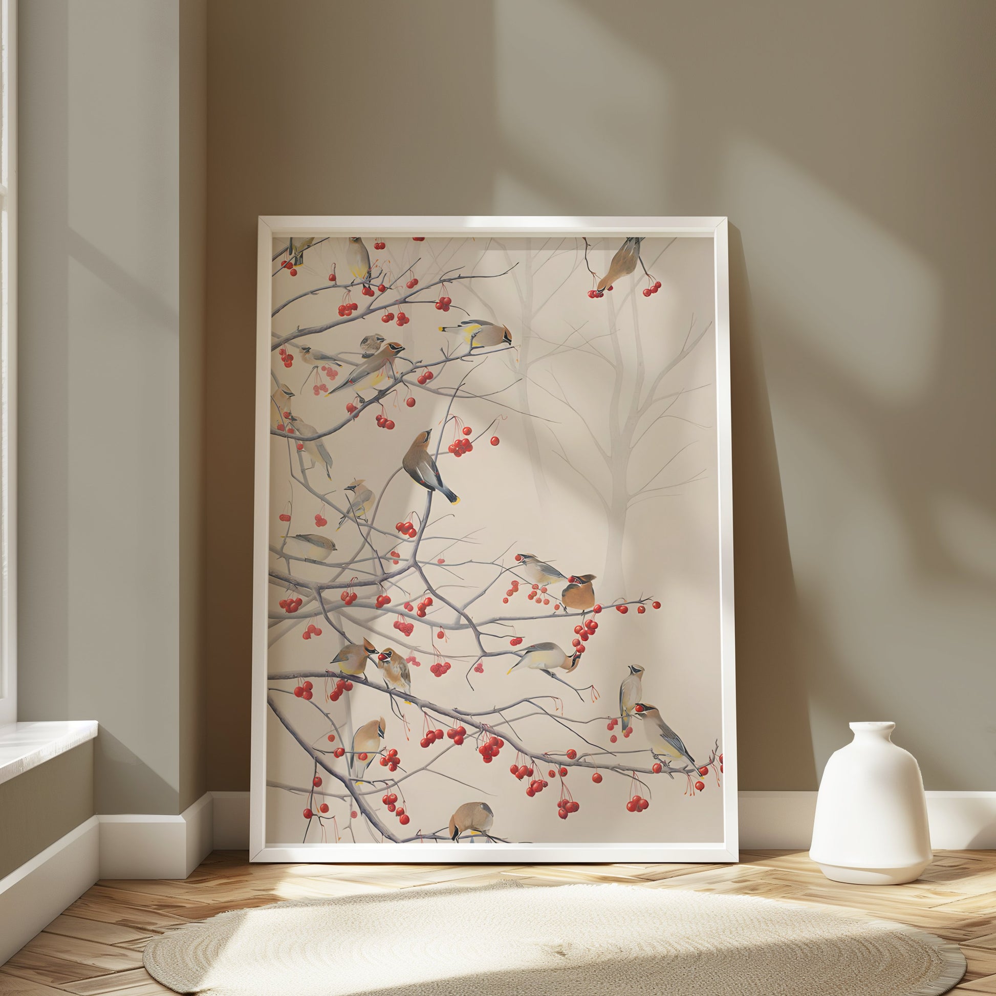 Premium Poster of Beautiful Birds and Red Berries on Tree Branch Posters