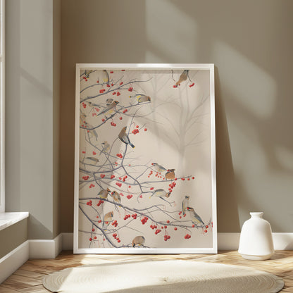 Premium Poster of Beautiful Birds and Red Berries on Tree Branch Posters