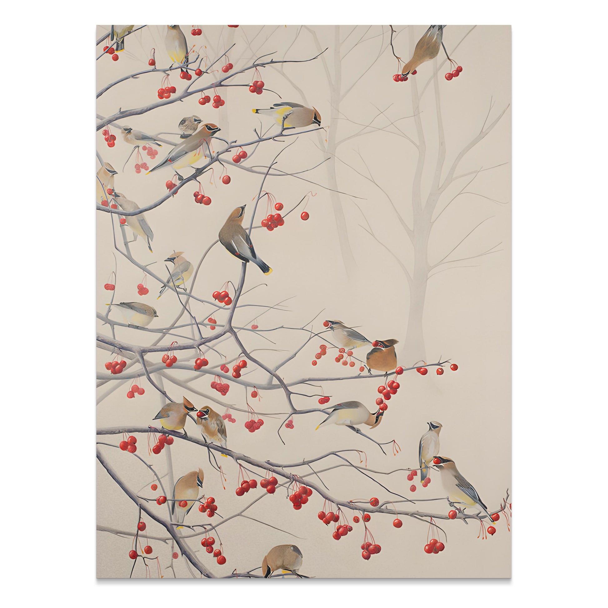 Premium Poster of Beautiful Birds and Red Berries on Tree Branch Posters
