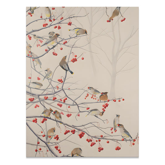 Premium Poster of Beautiful Birds and Red Berries on Tree Branch Posters